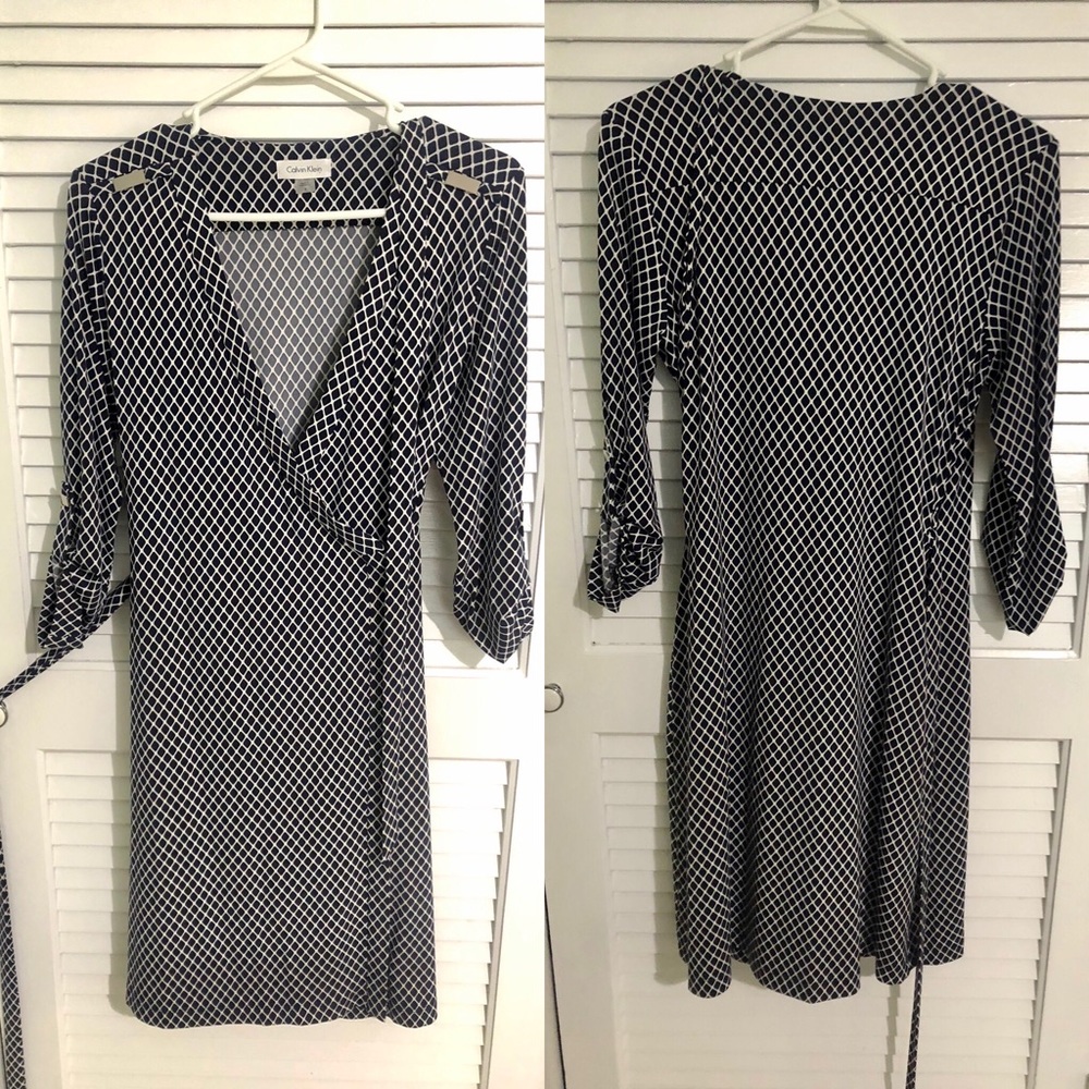 Calvin Klein Navy Blue Checkered Wrap Dress